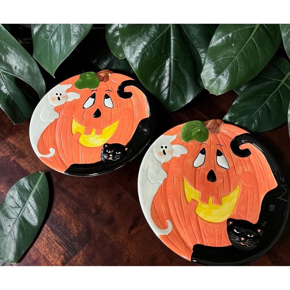 Halloween Jack-O-Lantern Ghost Black Cat Multicolor Dinner Snack Canape Plates 2